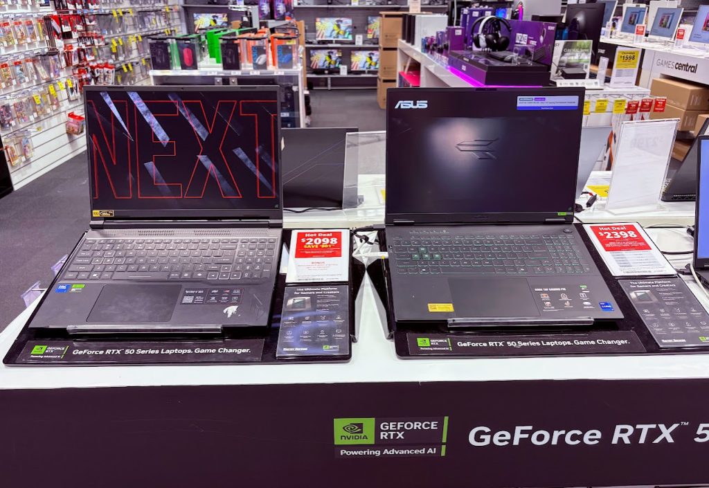 Gaming laptops on display at a Harvey Norman store